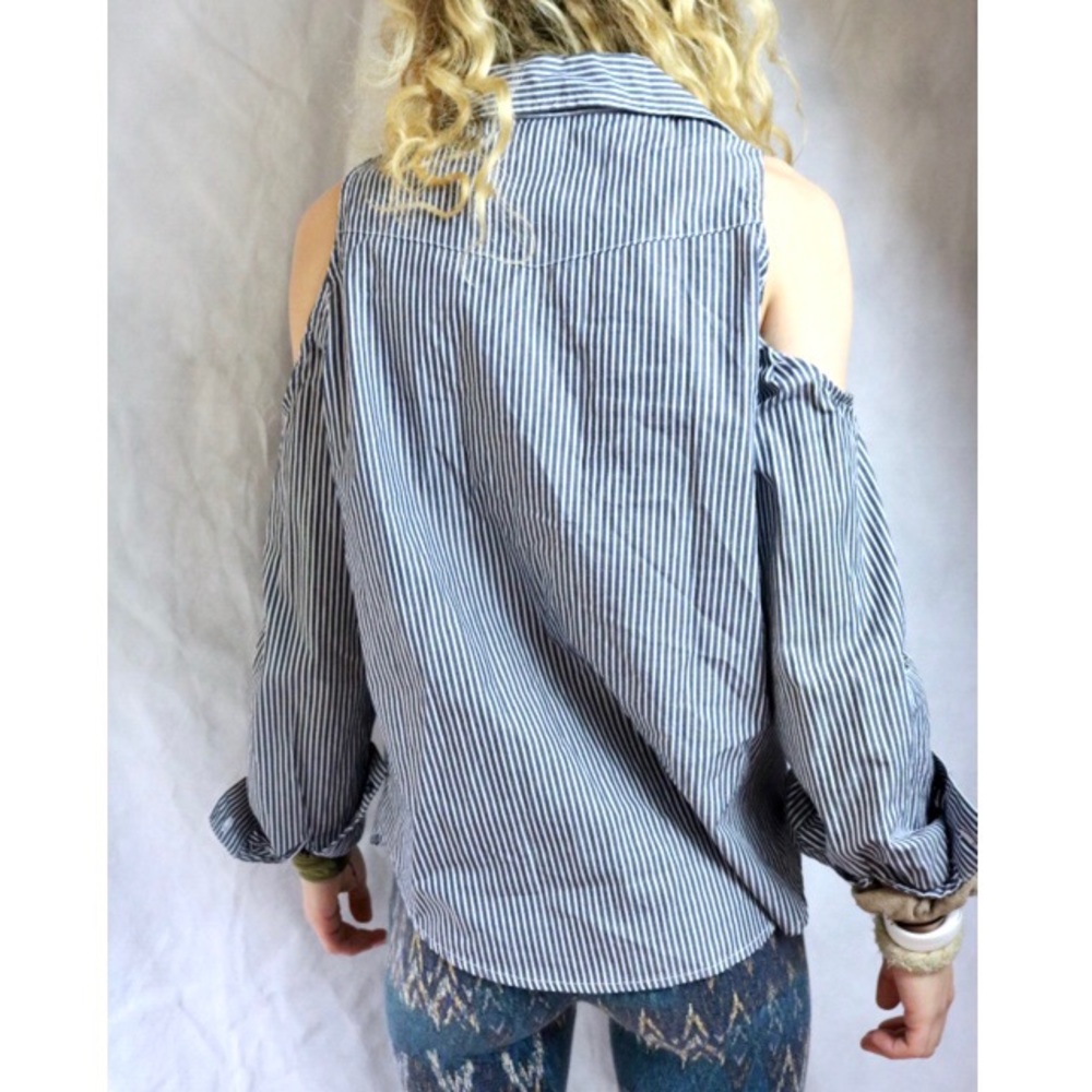 Stripe Button Down Cold Shoulder Long Sleeve Top ! - image 3